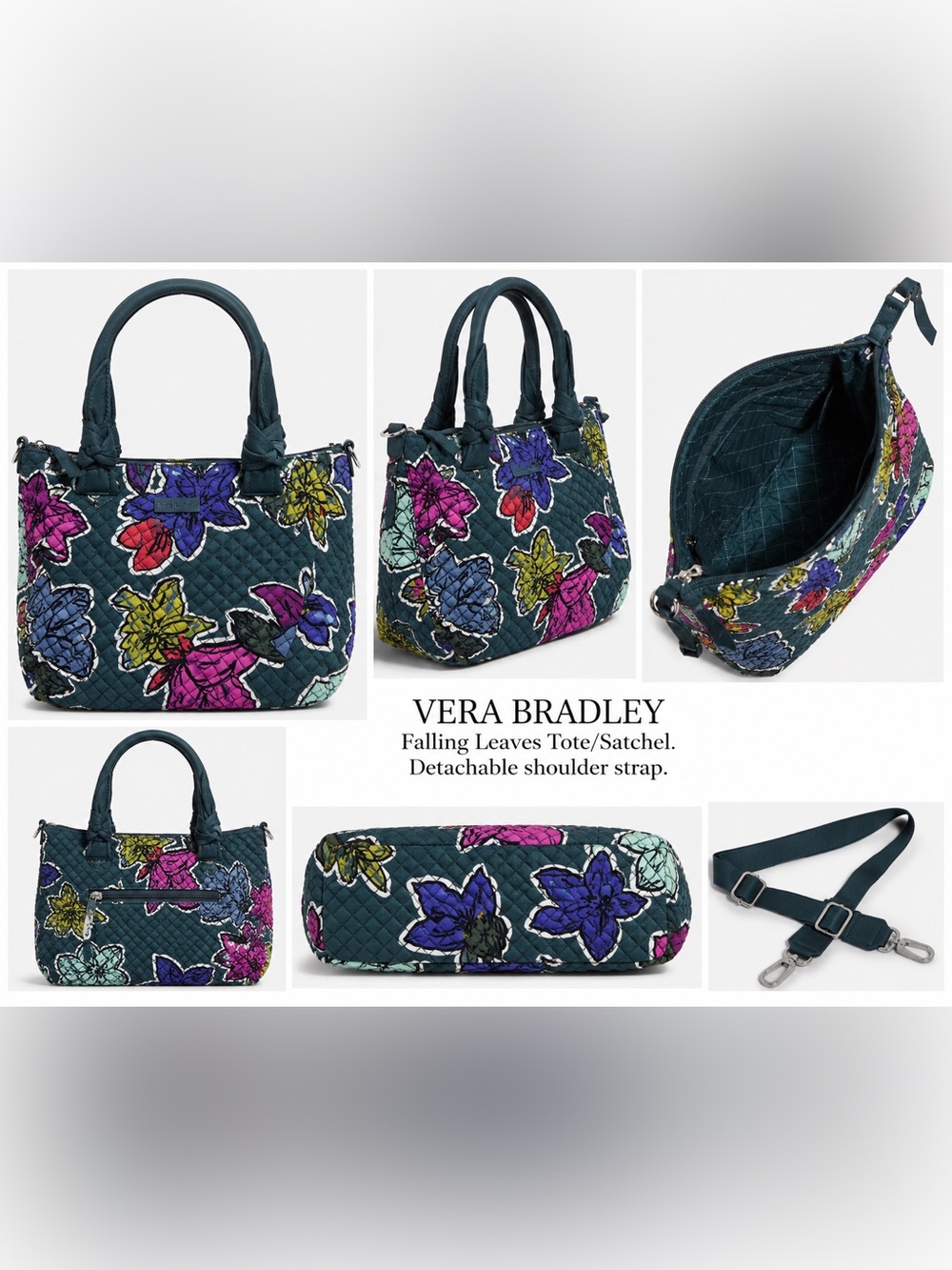 VERA BRADLEY Falling Leaves Tote/Satchel. Detachable shoulder strap. 12x9x5 NWOT - Picture 4 of 8